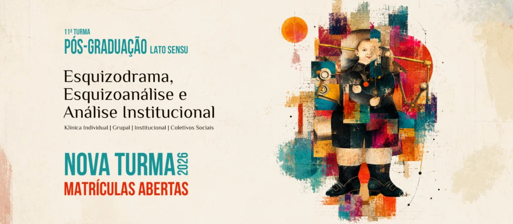 Banner da 11ª Pós-Graduação Lato Sensu em Esquizodrama, Esquizoanálise e Análise Institucional do Instituto Gregorio Baremblitt, com arte contemporânea inspirada no Anti-Édipo e colagens abstratas coloridas.